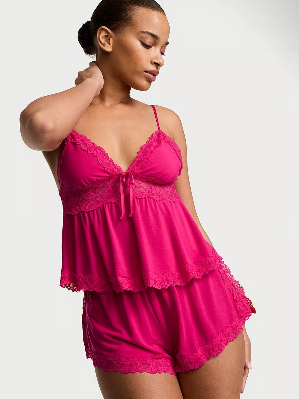 Victoria's Secret Pop Pink Lace Trim Modal Cami Set Sz L